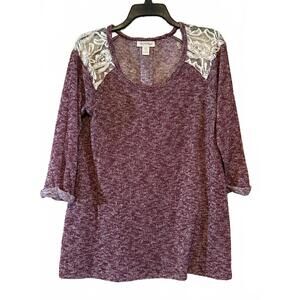 Motherhood Maternity Women's Maroon Knit Top with Lace Shoulder Detail, Size M
